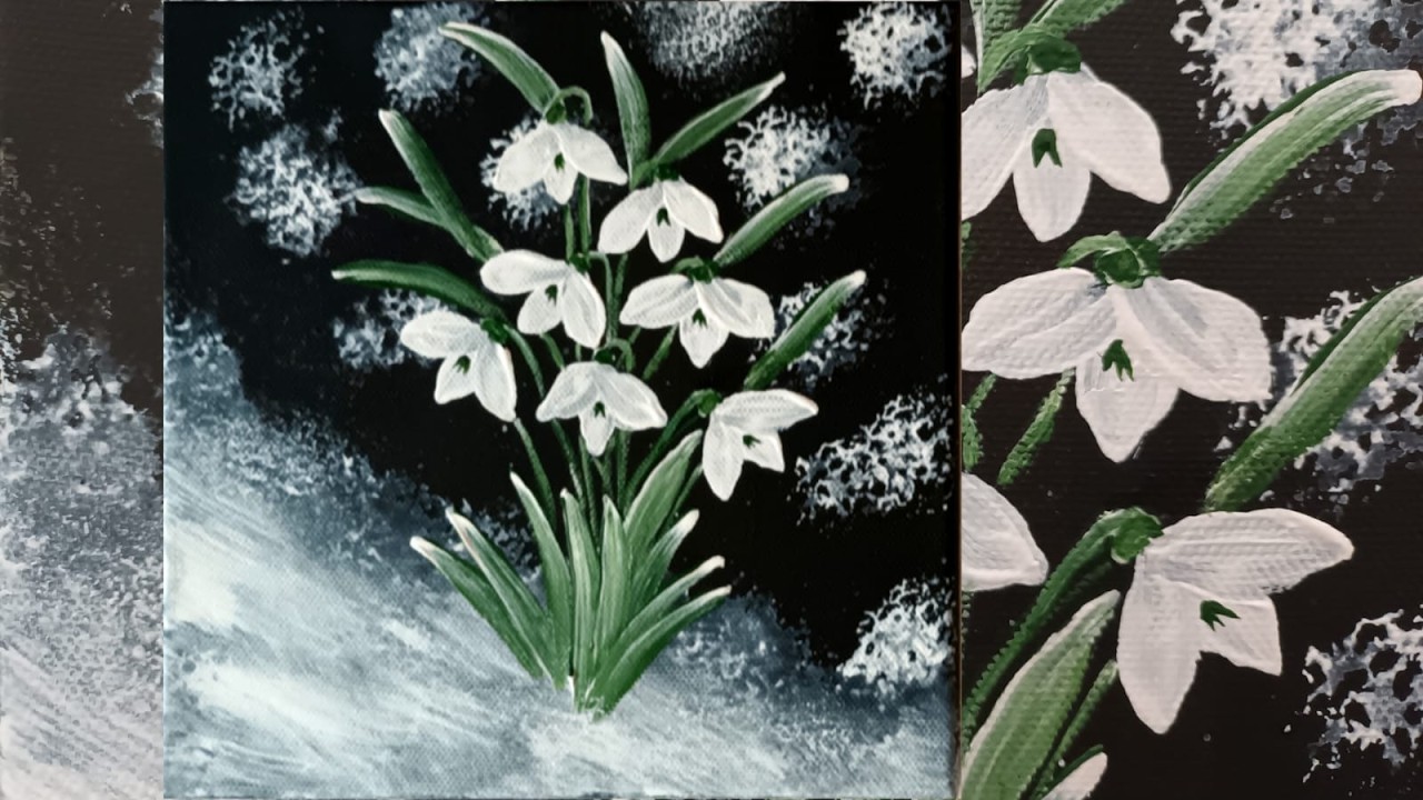 Blumen Malen Acryl Schneeglöckchen leicht für Anfänger auf schwarzer Leinwand mit nur zwei Farben
