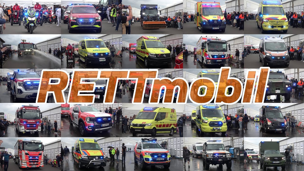 [RETTMOBIL 2024] Lots of emergency vehicles are driving from an international exhibition with sirens
