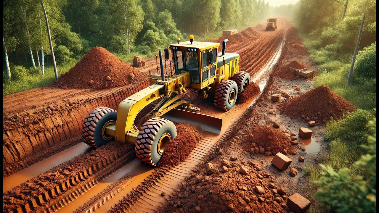 WOW! Awesome road construction equipment, motor grader Komatsu clearing land on a rural road