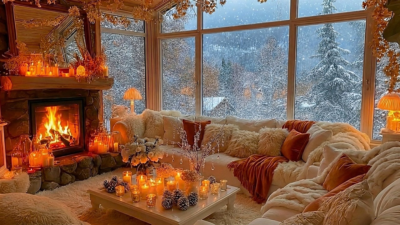 Snowfall Cozy Cabin Ambience 🌨️ Soft Piano Music & Fireplace Crackling for Relaxation