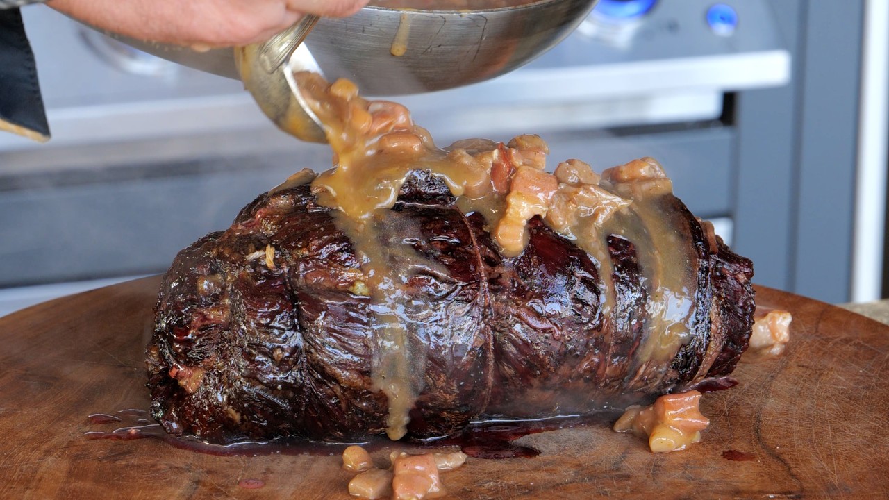 Pesto Stuffed Flank Steak Roast with Bacon Gravy