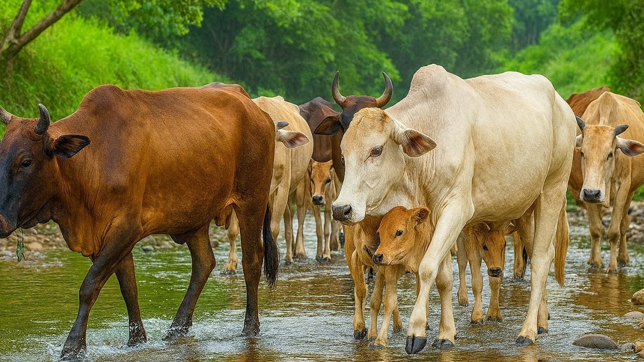 Kerumunan sapi lembu Ternak Beramai-ramai Berjalan Menuju ladang hijau, Suara Sapi Moo, Sapi Lucu