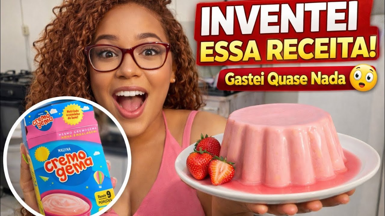 PUDIM DE CREMOGEMA DE MORANGO 🍓| Sobremesa barata, fácil e com poucos ingredientes! 