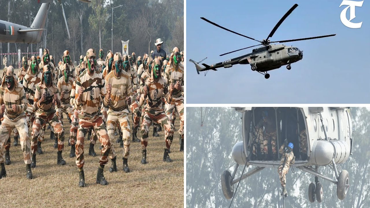 ITBP&rsquo;s commandos give a demonstration of &lsquo;slithering ops&rsquo; from Mi-17 helicopter at BTC, Bhanu