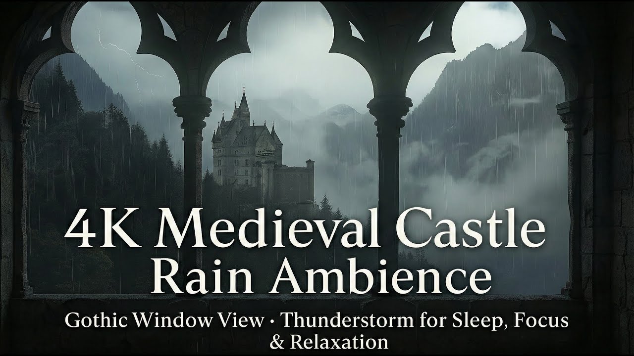 4k Rainy Medieval Castle Window View || Castle Window Projector