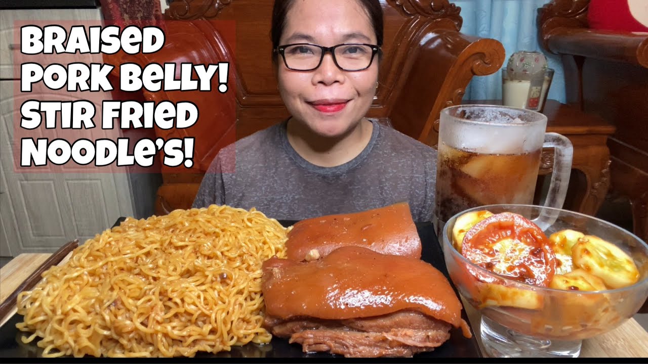 BRAISED PORK BELLY & SPICY STIR FRIED NOODLES PANSIT CANTON,TOMATO SALAD!PINOY MUKBANG