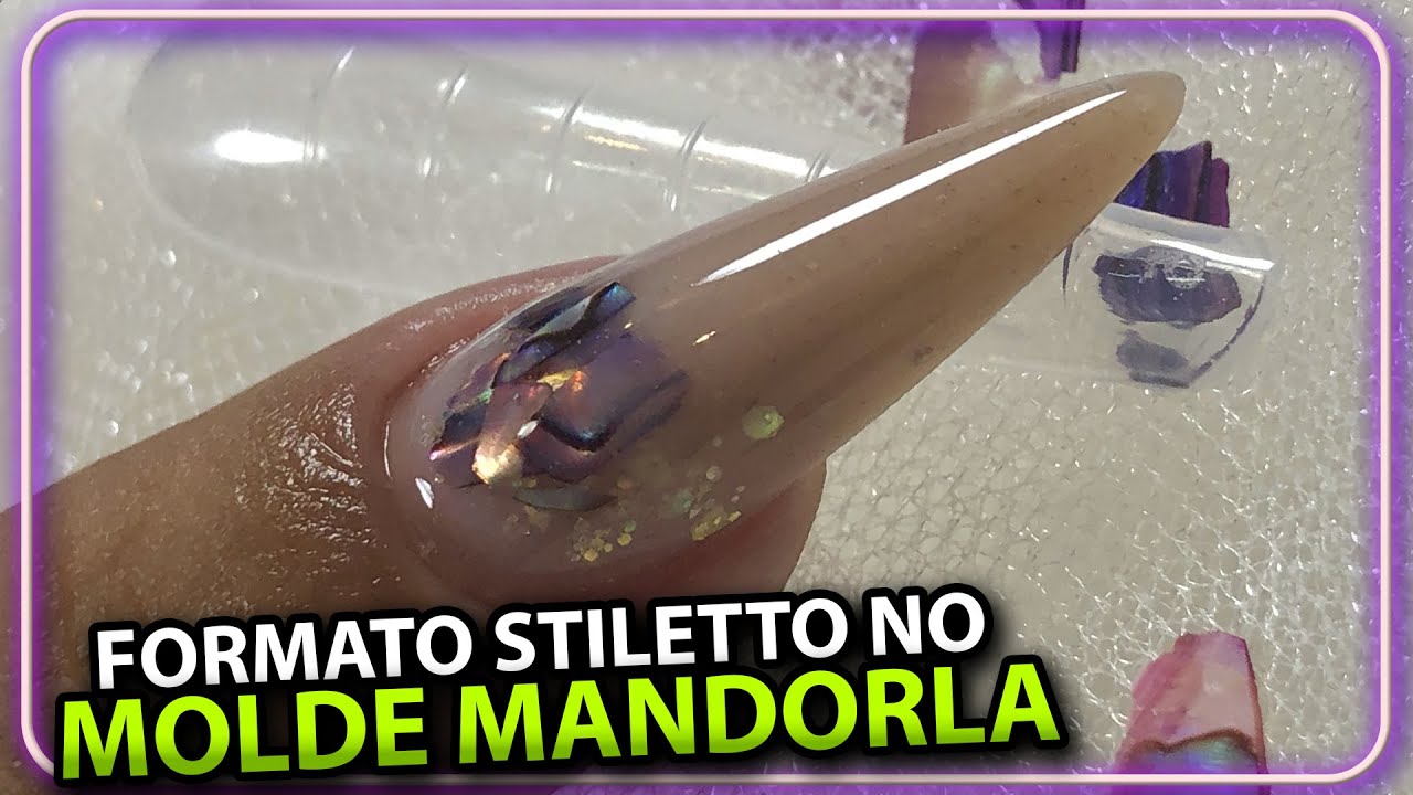 Formato Stiletto com Nail Art de forma simples no Molde F1 com Gel