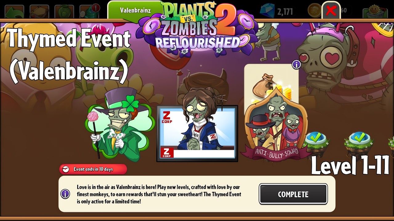 PvZ2 Reflourished - Thymed Event: Valenbrainz (2026), Level 1-11 - Gameplay