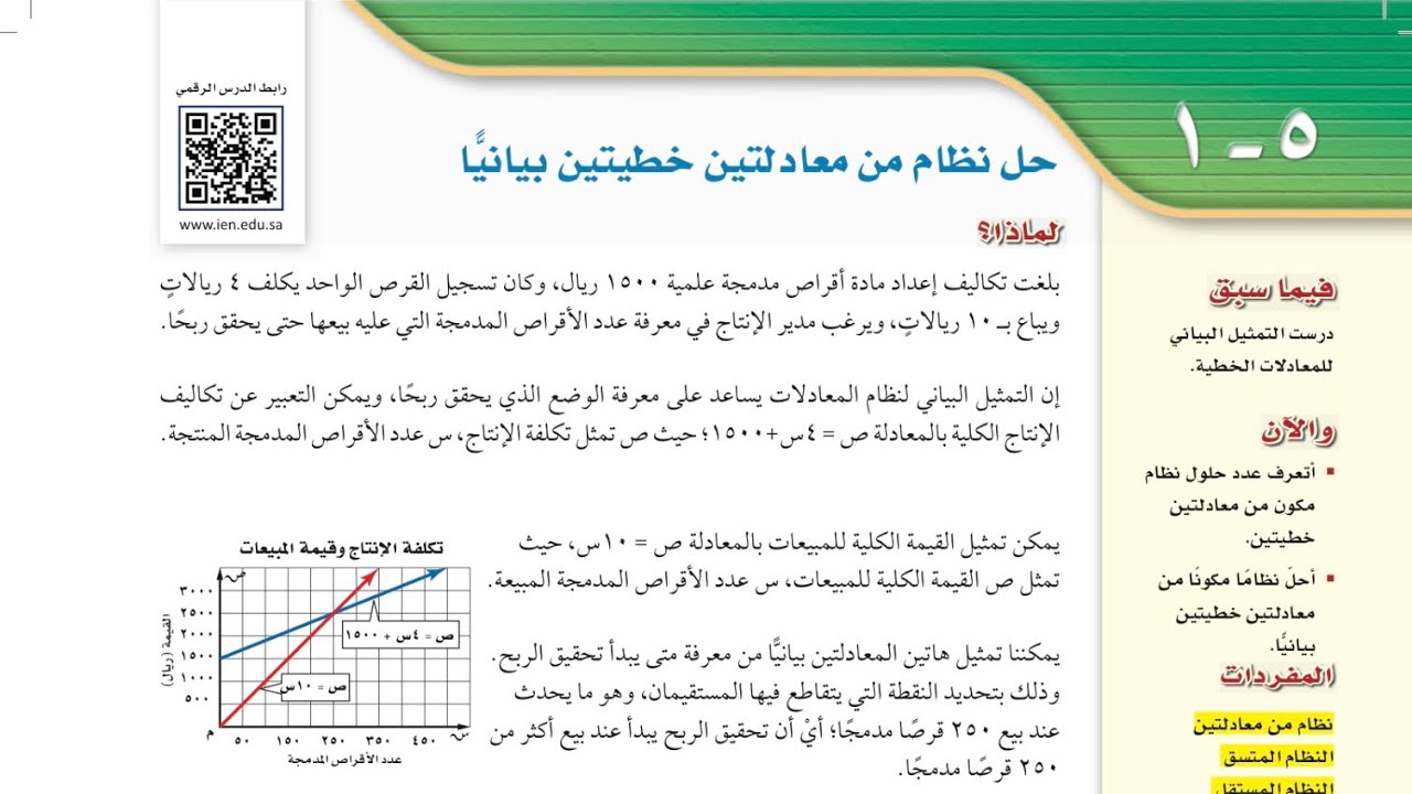 حل نظام من معادلتين خطيتين بيانيًا ، ثالث متوسط الفصل الدراسي الثاني