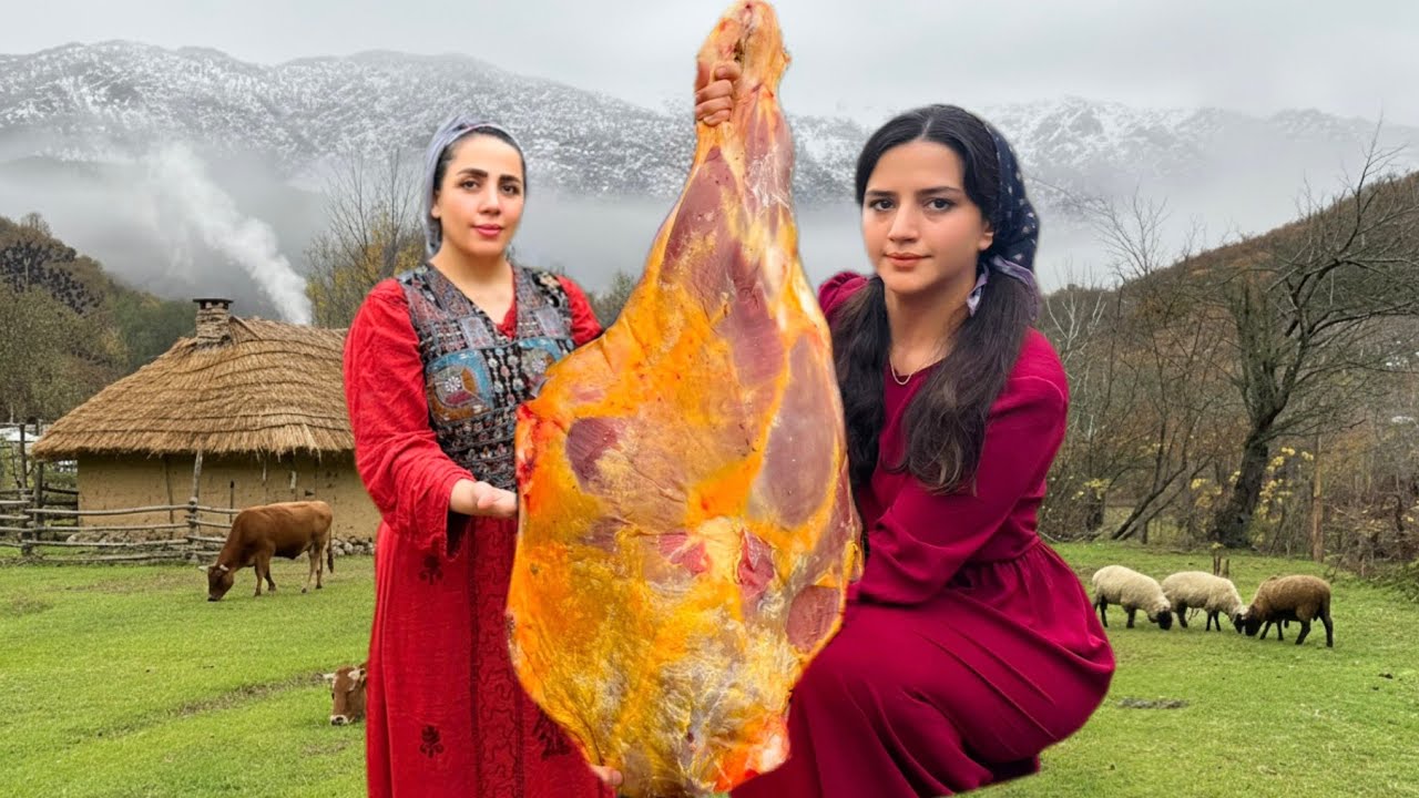 Butchering and cooking a giant beef thigh in village
