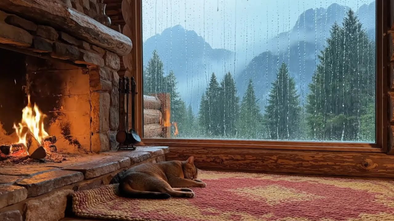 🌧️ Cozy Cabin Rain Ambience with Fireplace for Calm Nights | Quietly Sleeping Cat.
