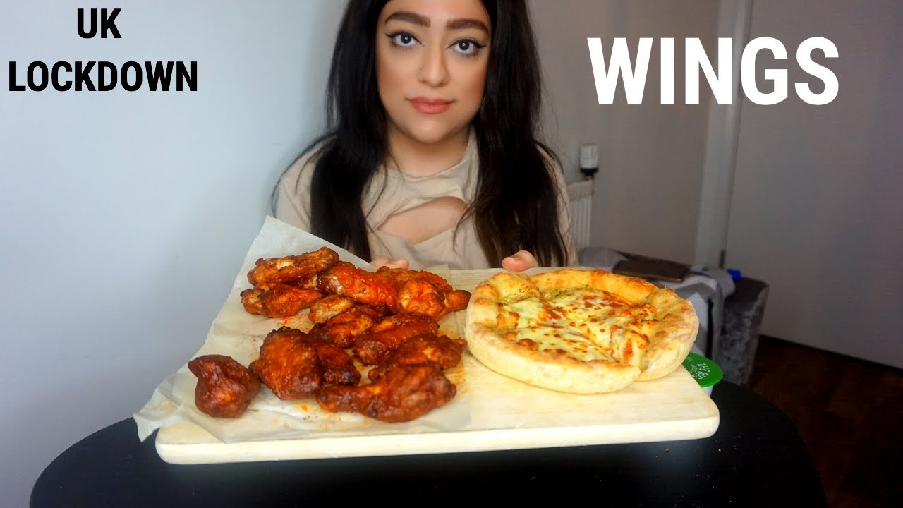 BBQ CHICKEN WINGS AND FRANKS RED HOT CHICKEN WINGS WITH GARLIC PIZZA MUKBANG | UK LOCKDOWN