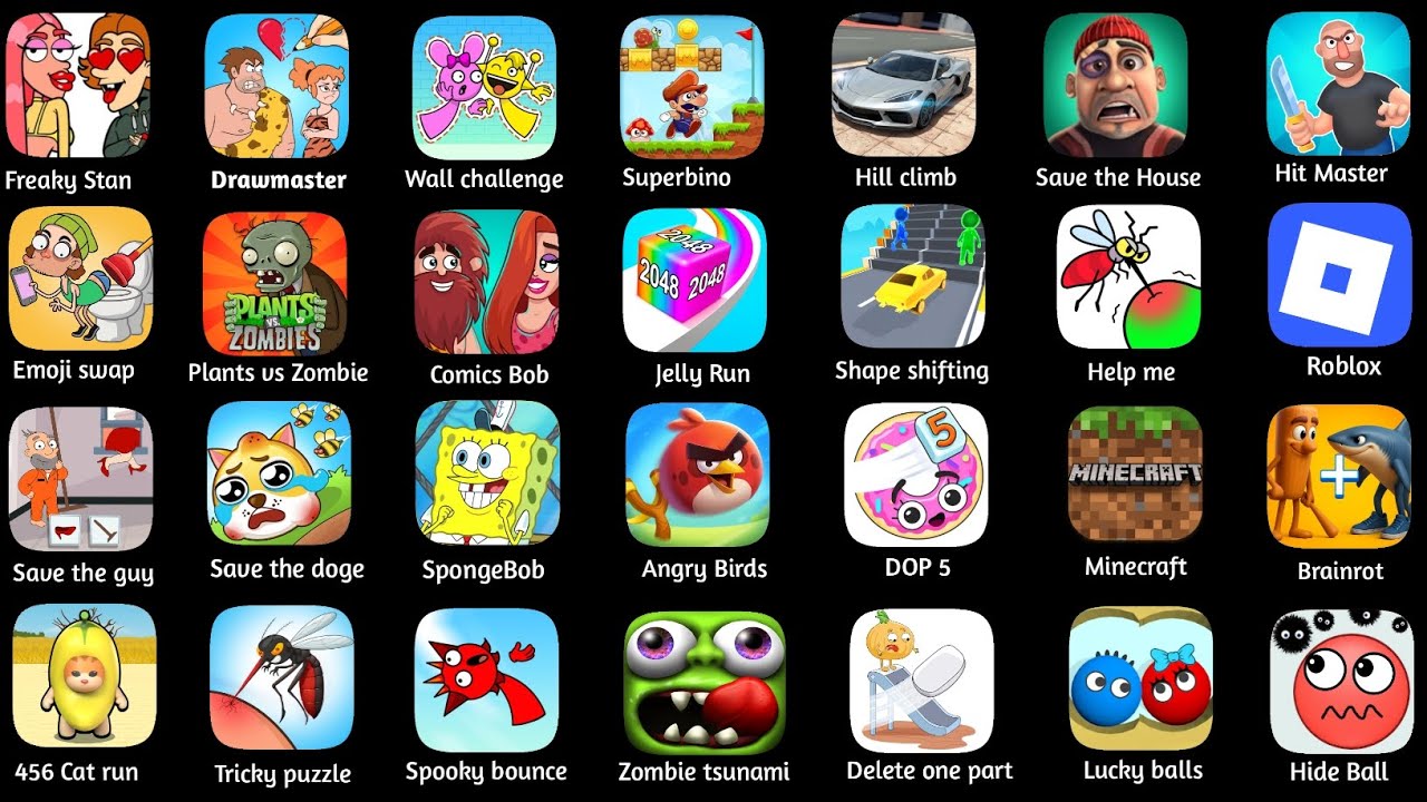 Roblox,Poppy Play Time 4, Drawmaster, Freaky Stan,Wall challenge, Minecraft, Hide Ball,456 Cat Run