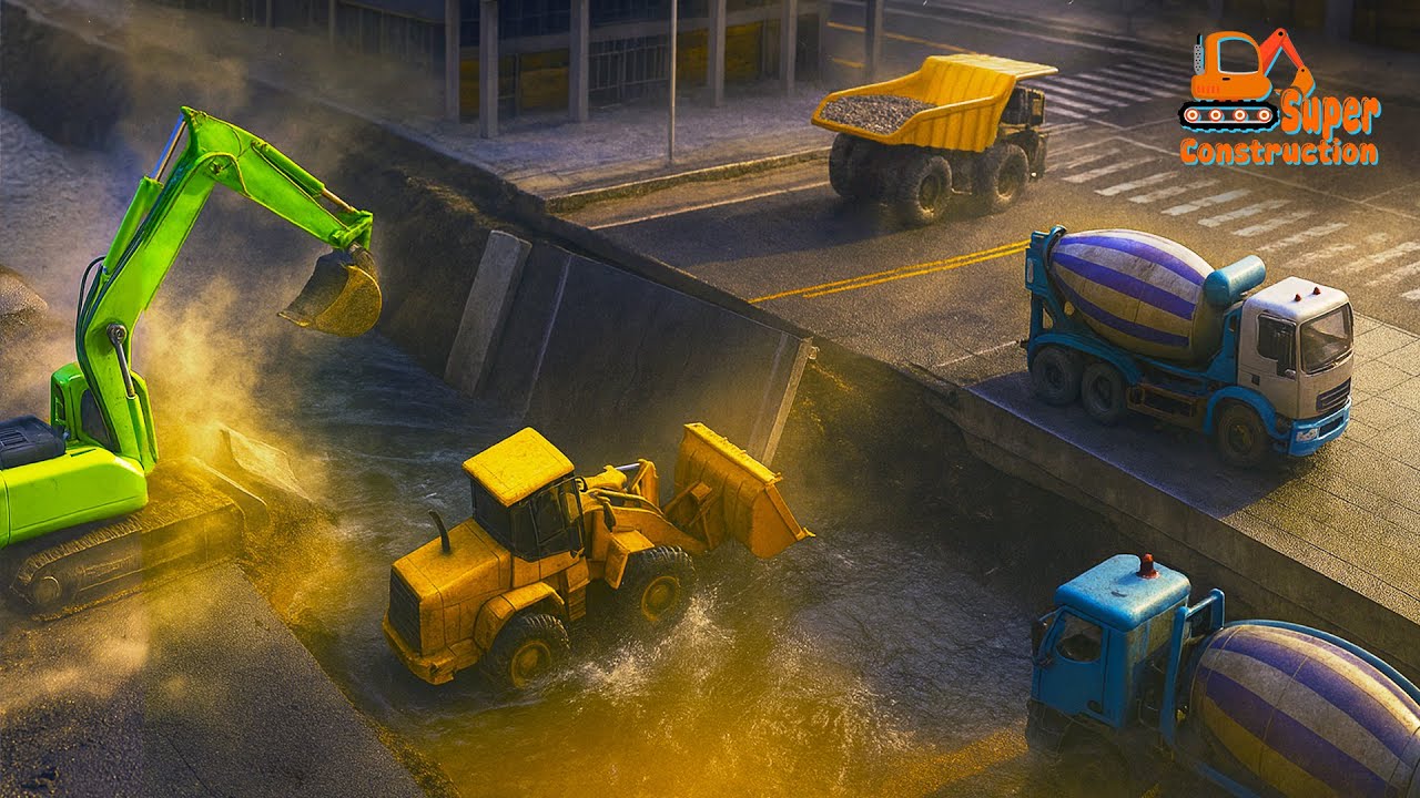 Road Collapse Over the Canal – Bulldozer & Excavator to the Rescue | CONSTRUCTION VEHICLES