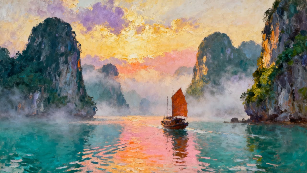 🎨 Halong Bay Sunrise | 4K Oil Painting Screensaver | 2 Hours