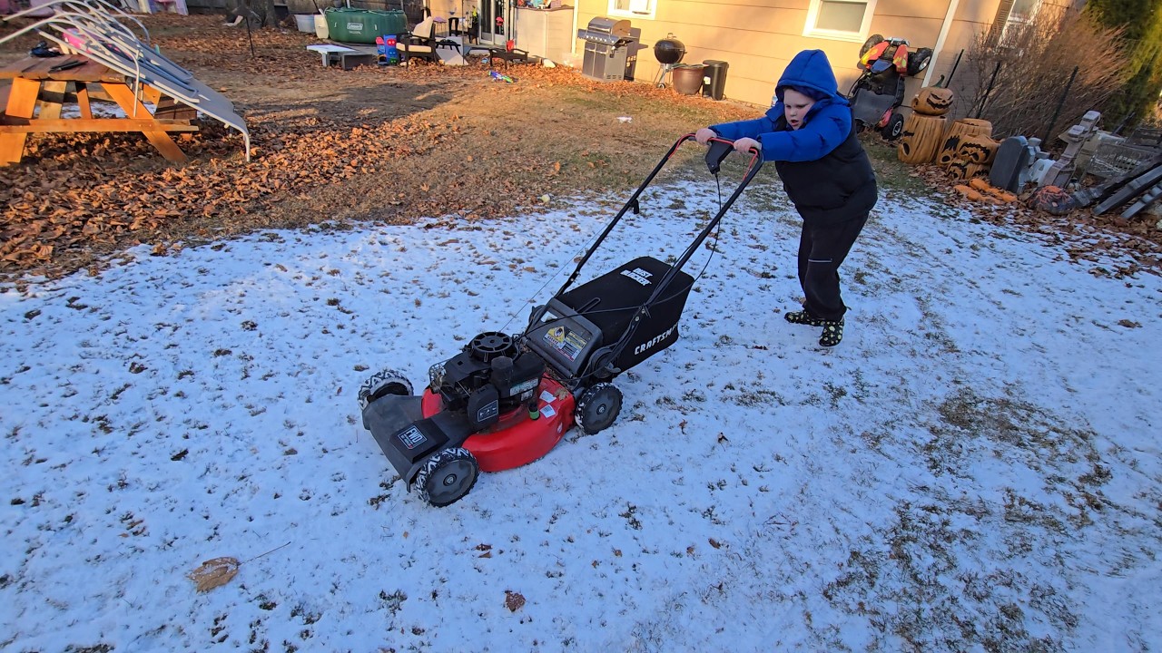 SNOW mowing! Trying our lawnmowers on snow | Yard Work videos for kids