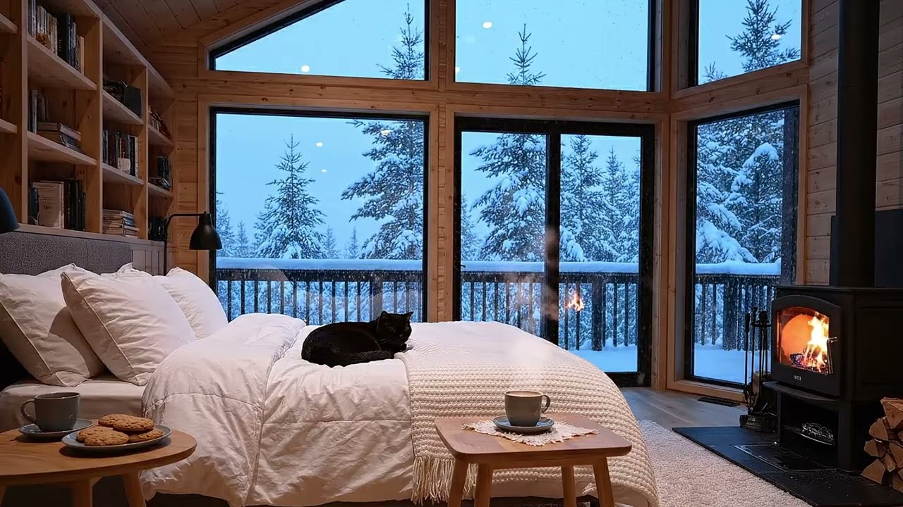 Cozy Winter Cabin Ambience | Fireplace, Snow, and Relaxing Cat | Cinematic 4K Loop