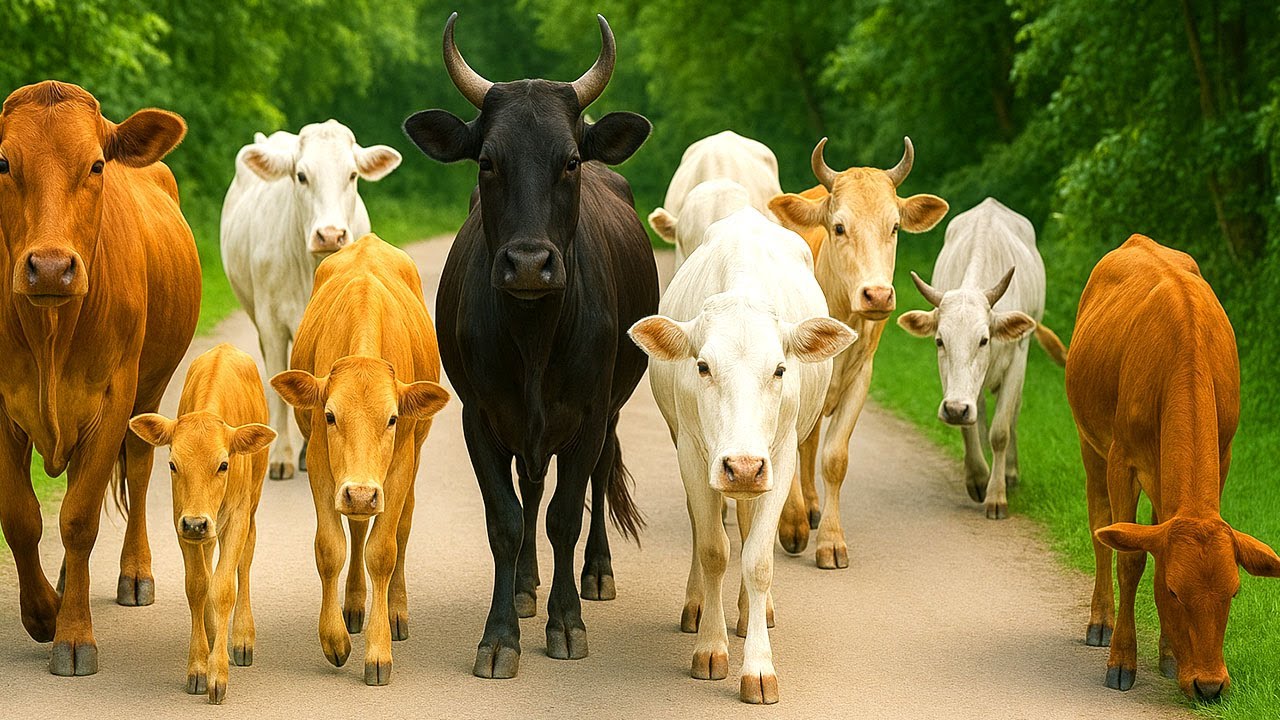 Mengembalakan sapi lembu jinak yang berjalan memasuki area ladang rumput hijau||suasana alam sejuk.