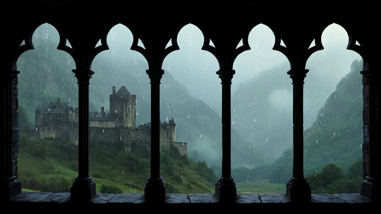 4K Rainy Medieval Castle Window View: Cozy Rain Sounds & Castle Ambience for Insomia Relief