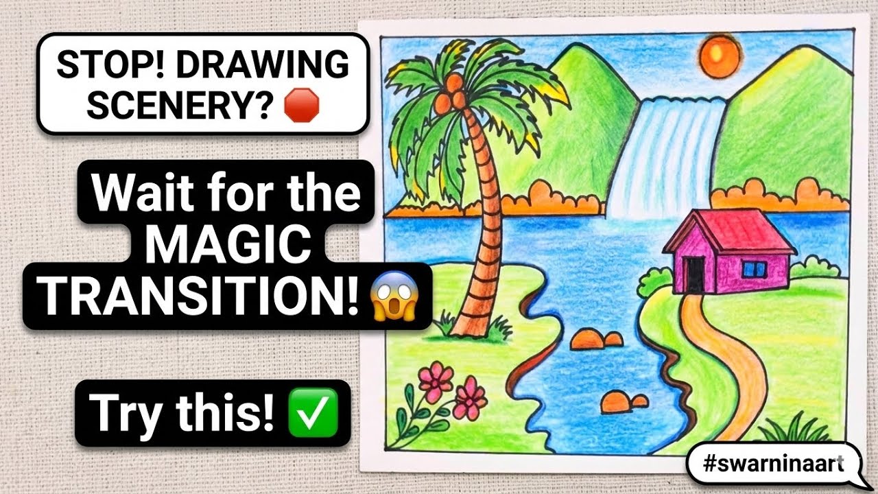 Full tutorial 👉🏻👉🏻 Waterfalls 🌈 in village scenery 🌈 drawing