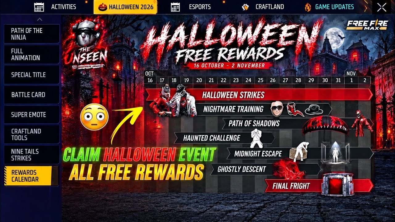 Claim Halloween Event All Free Rewards 🔥 The Unseen Event Free Rewards | OB55 Update | FF New Event