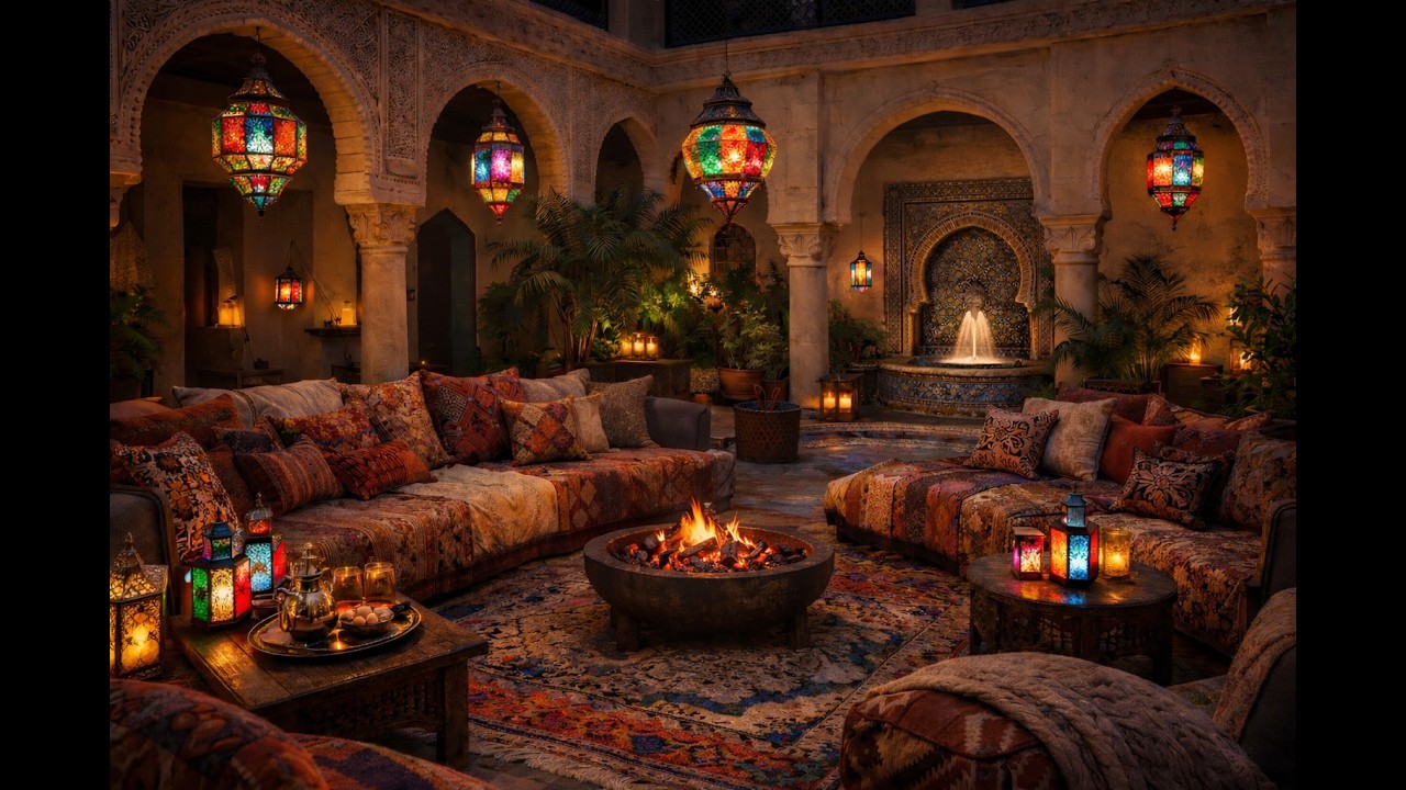 Cosy Ambient Moroccan Courtyard with Firepit and Middle Eastern Music
