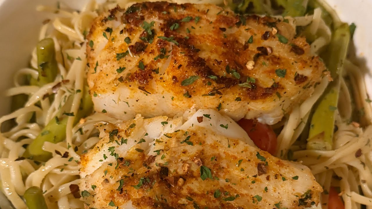 Pan Seared Cod With Butter & Herb Noodles With Cherry Tomatoes & Asparagus
