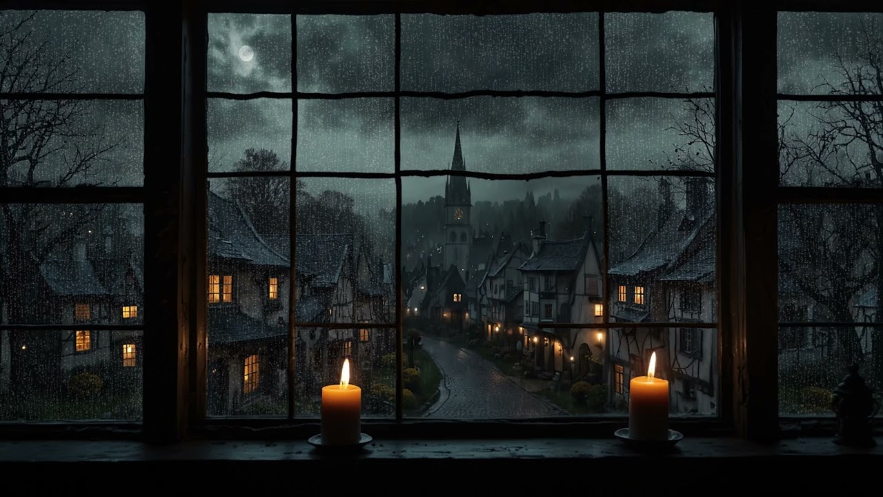 Spooky European Village Halloween Ambience | Relaxing Moody Music with Rain and Thunder