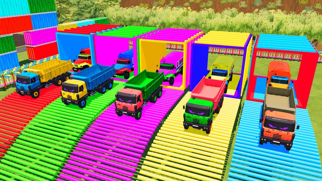 Garage with Colors - ALL POLICE TRUCK WITH DOUBLE FLATBED TRAILER TRUCK, VOLVO, INTERNATIONAL