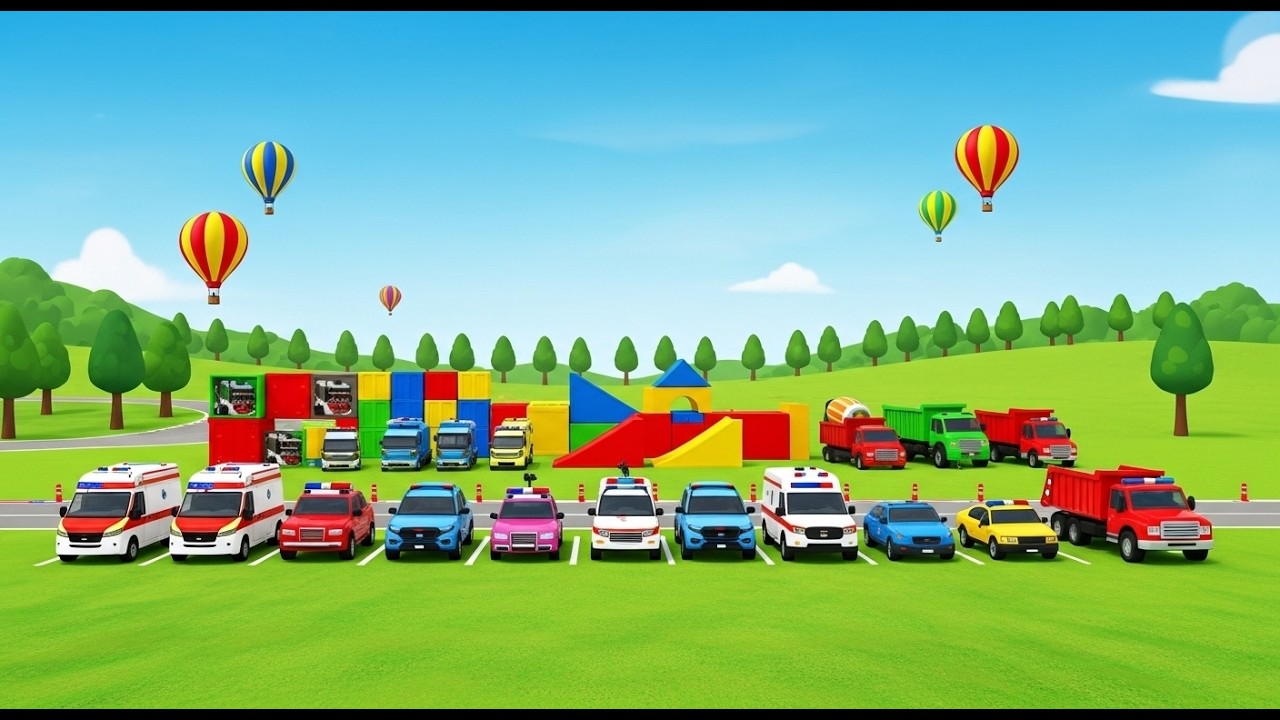 Garage with Colors 🚛🚨 | COLORFUL MIXER, POLICE & AMBULANCE VEHICLES Loaded on DOUBLE TRAILER