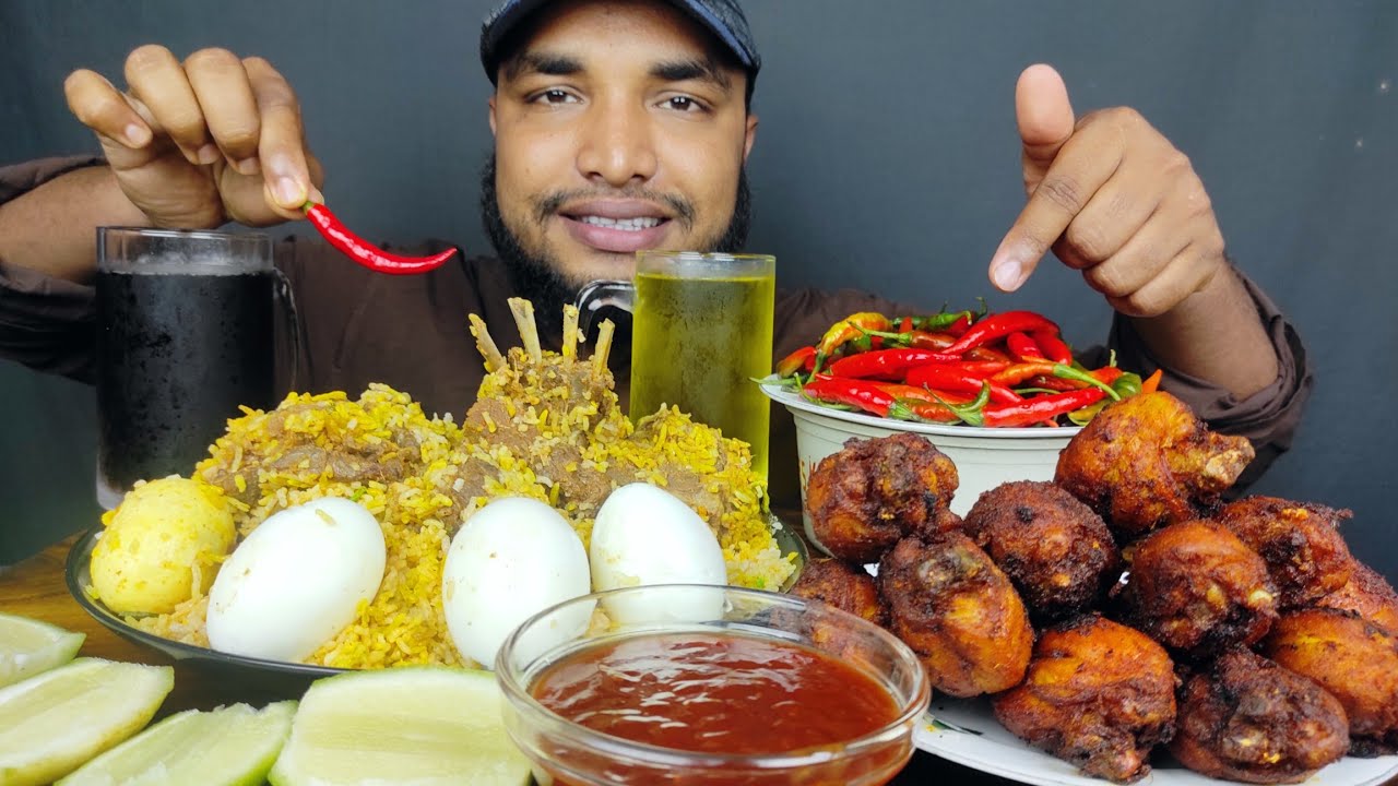 EATING MUTTON BIRYANI AND CHICKEN LEG PIECE FRY WITH CHILLI , EATING SHOW, MUKBANG FOOD VIDEOS