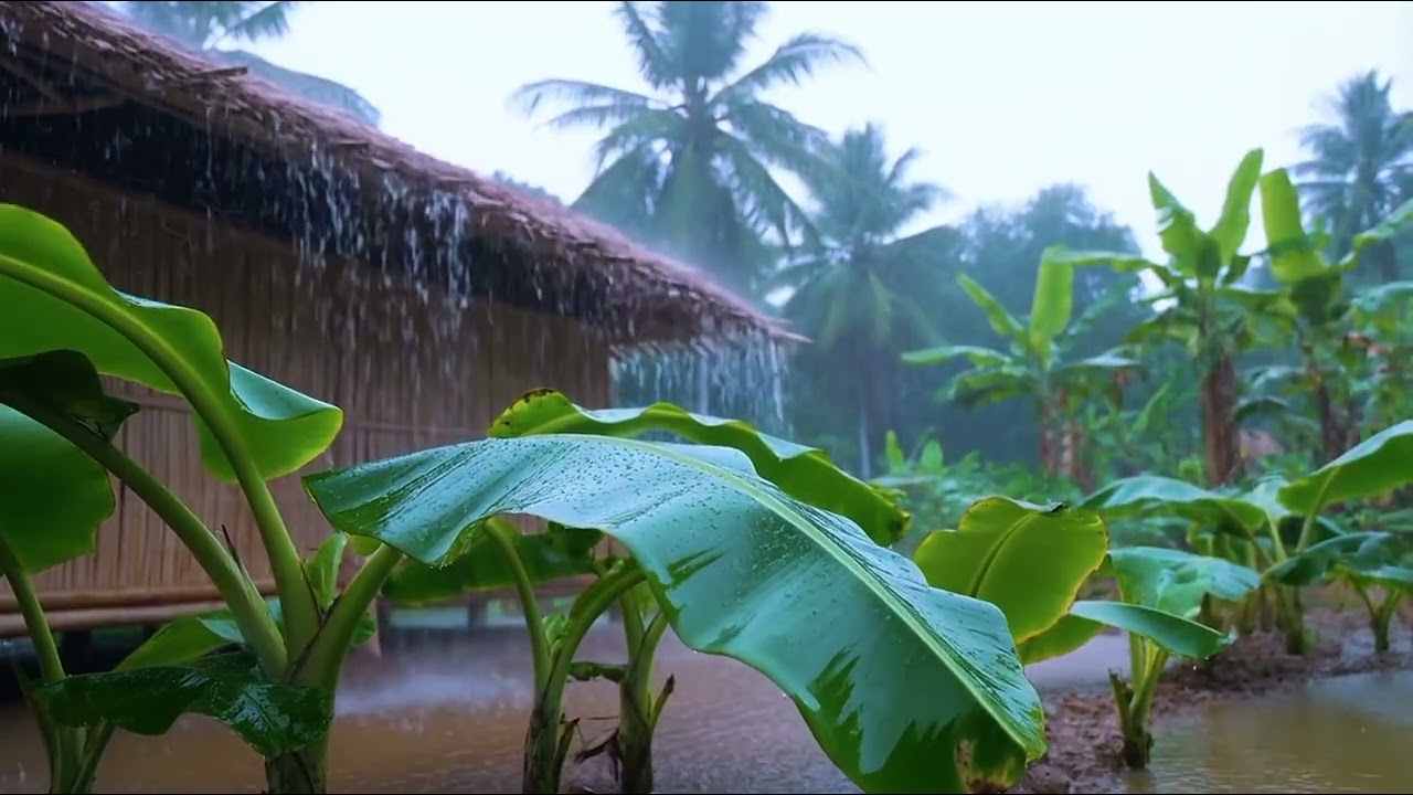 Tropical Rainfall over Banana Leaves || Calms Village Ambience for Deep Focus and Peace