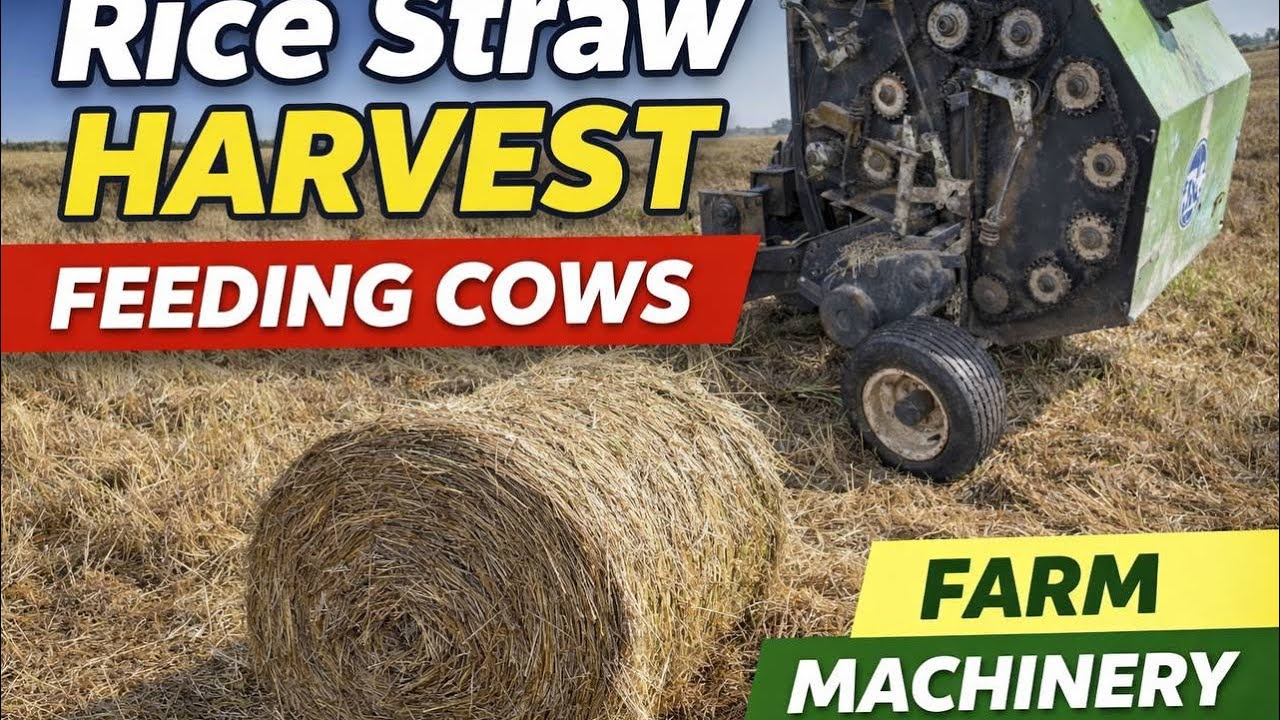 Collecting Rice Straw After Harvest Using Farm Machinery to Feed Cows