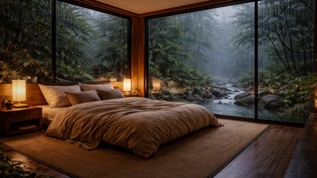 10 Hours of Rain in a Cozy Bedroom for Deep Sleep (No Thunder)
