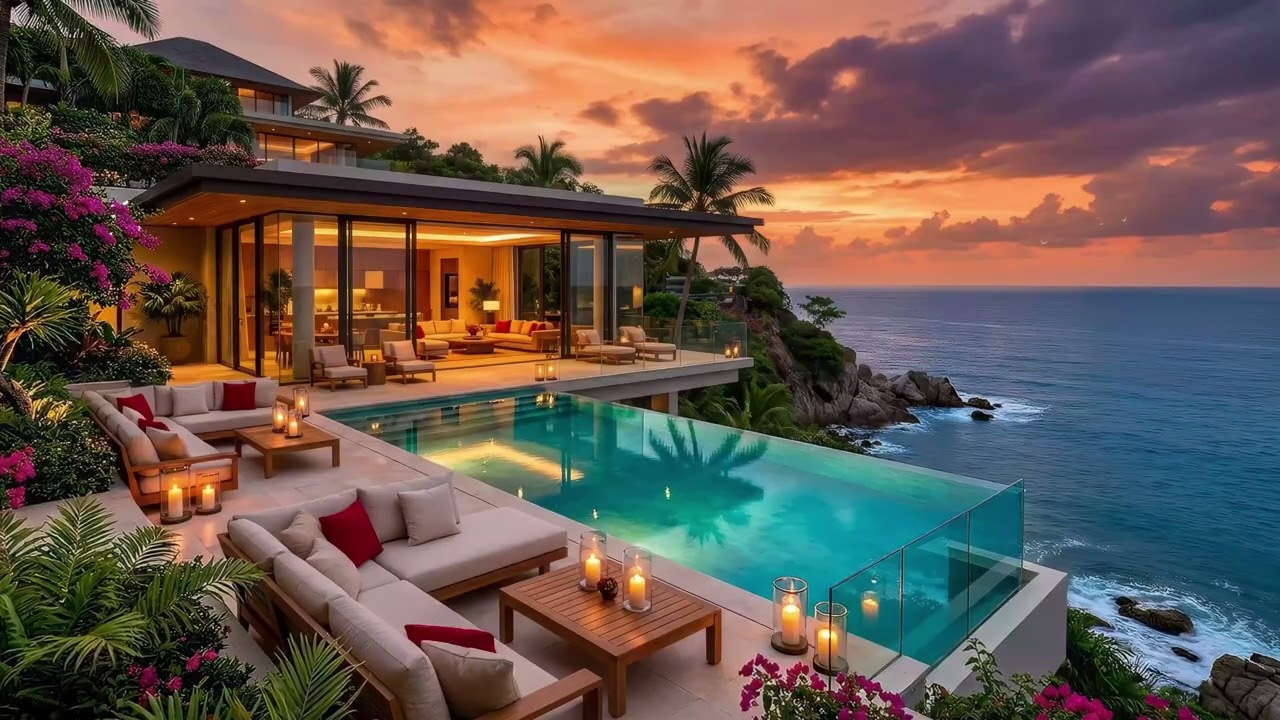 Dreamy Tropical Bay Villa At Sunset With Cozy Jazz - Warm Ocean Waves Sounds For Insomnia Relief