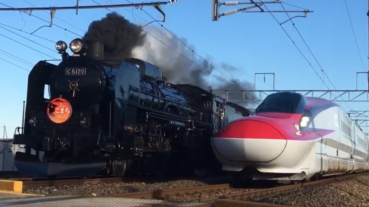 ‪[並走]『C6120＋旧客+DE10-1759・快速 SLこまち号』&『E6系 Z編成・こまち10号』2018/10/14(JR奥羽本線[JR秋田新幹線]・秋田駅～四ツ小屋駅｢第1四ツ小屋踏切｣)‬