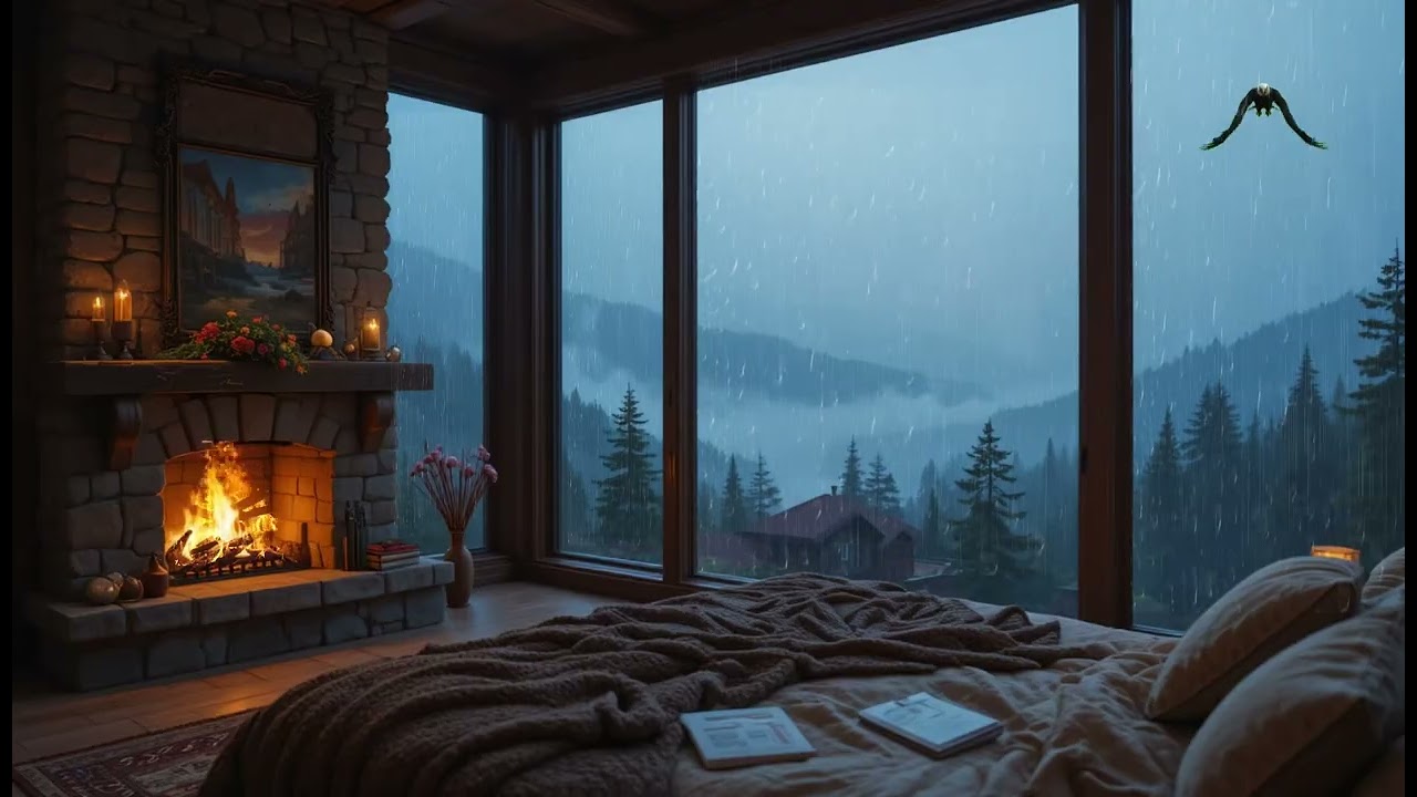 Cozy Fireplace Rain Night ASMR | Warm Indoor, Rainy Outside