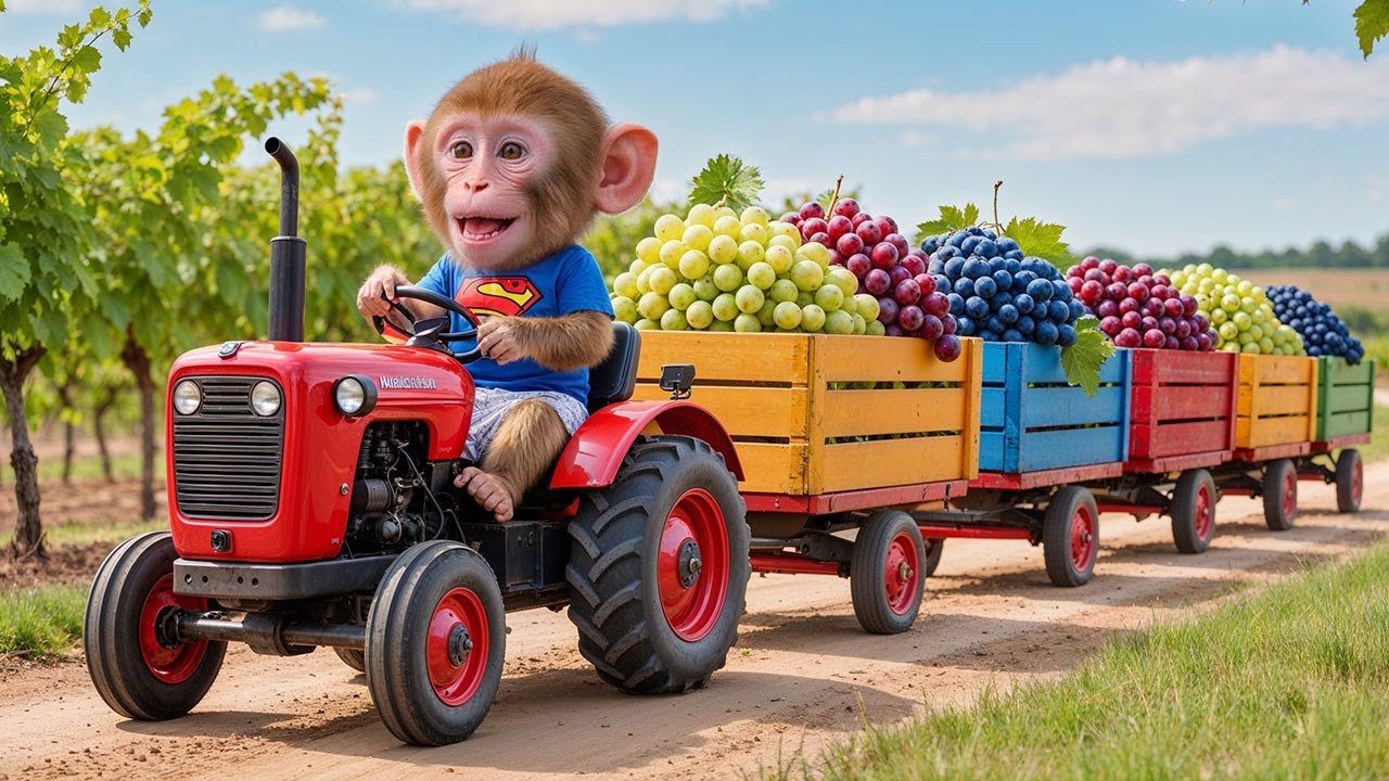 Monkey iZi drives a tractor to harvest grapes and the car breaks down on the farm! 🐒🍇🚜