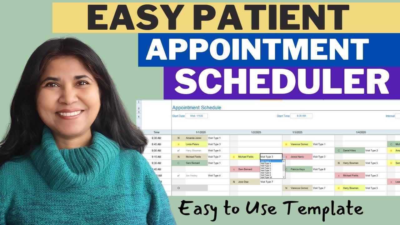 Patient Appointment Scheduling with VisitTypes | Excel Google Sheets Easy to use template