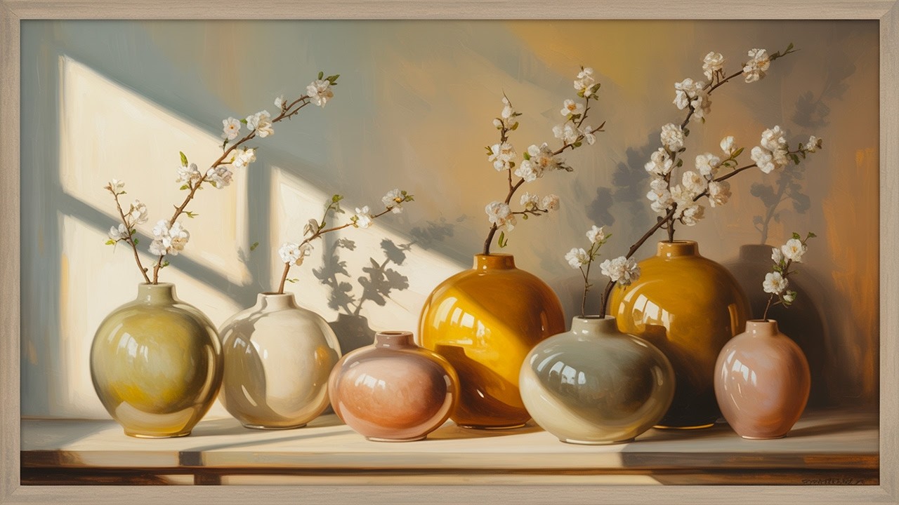 Elegant Blossom Still Life with Ceramic Vases | Cozy Framed Art 4K TV Wallpaper 🌿✨