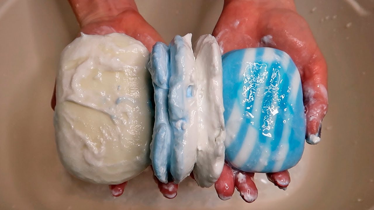 ASMR Blue & White Set of MUSHY SOAP and Sponge 💙 Soaked Soap 🤍 Sponge Squeezing