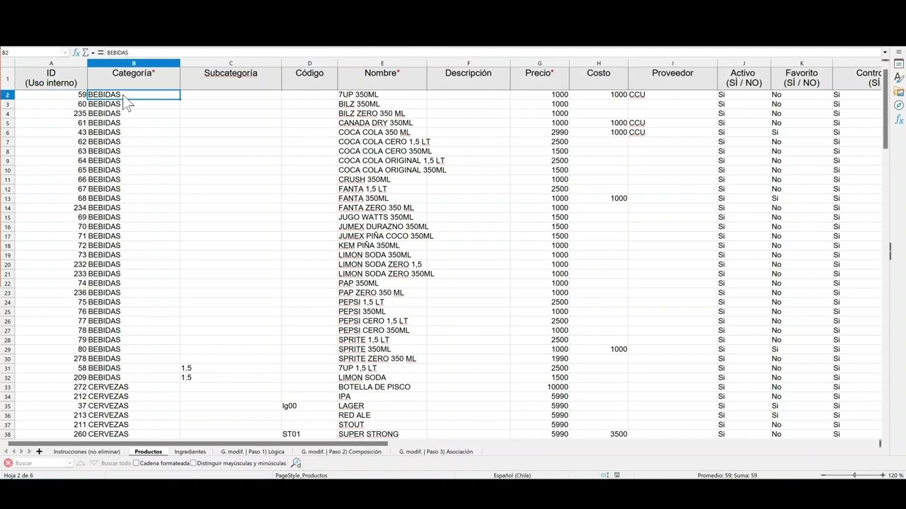 Trabajando con el excel de productos Fudo