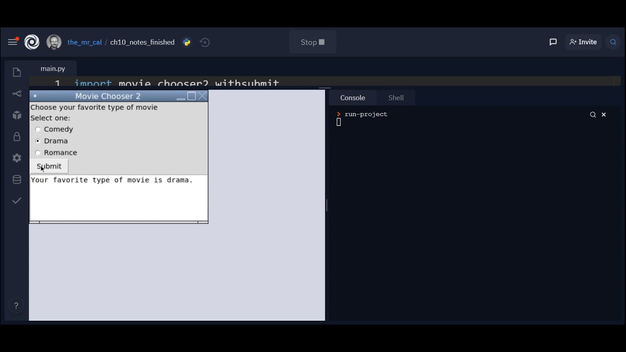 Movie Chooser 2 GUI (with submit button) Sample Run