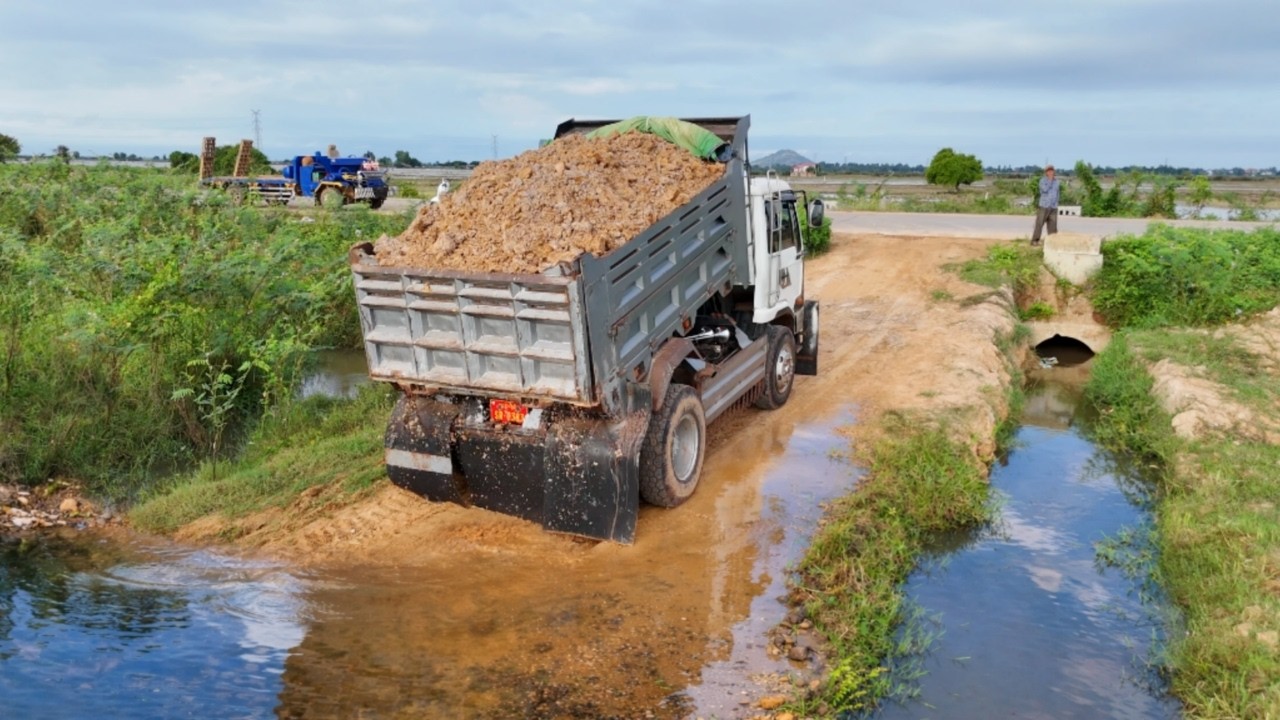 First Start New Project! Repair Old Road On The Flooded Area Process by Bulldozer Komat'su & Dump Tr
