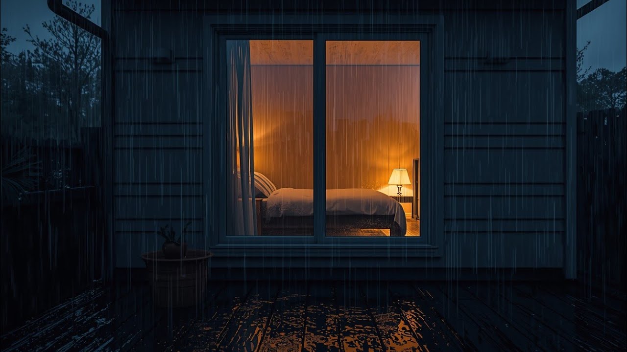 Deep Sleep with Heavy Rain on the Terrace | Warm Cabin Bedroom Ambience 🌲