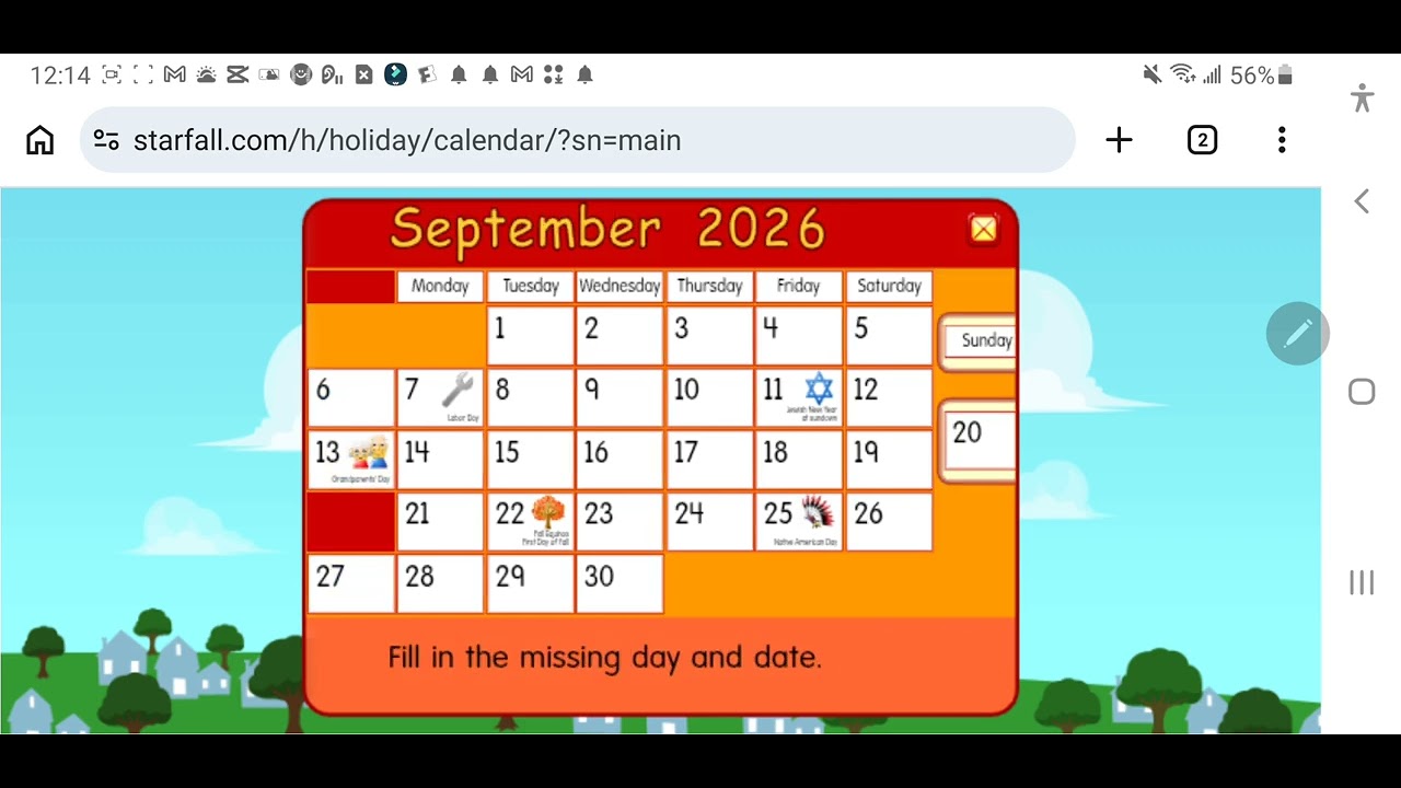 Starfall Daily Calendar - September 20, 2026 (You Kippur at sundown)