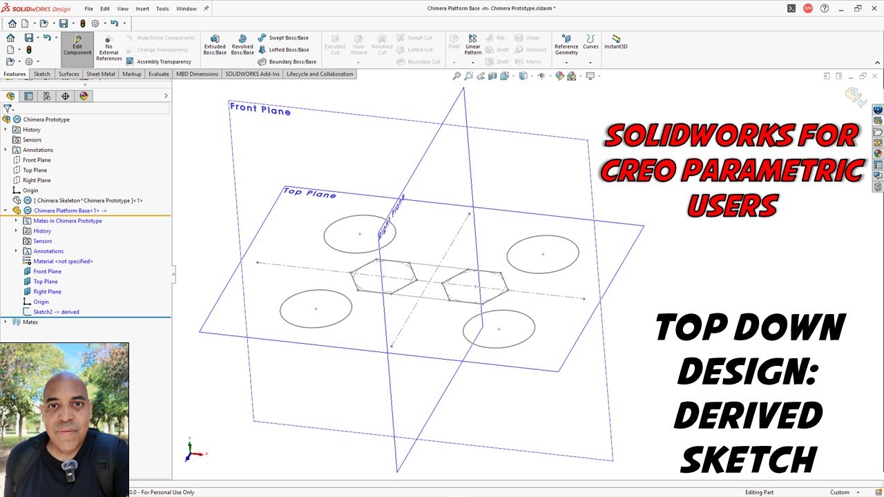 Производный эскиз в SolidWorks — проектирование сверху вниз — копирование эскиза из каркаса в цел...