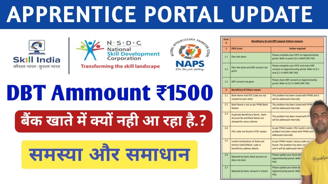 DBT Ammount ₹1500 Fail होने का कारण और समाधान l Apprentice Portal DBT Payment