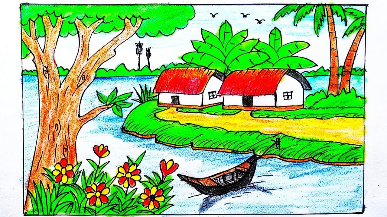 গ্রামের দৃশ্য অংকন How to make a beautiful village scenery is drawing 