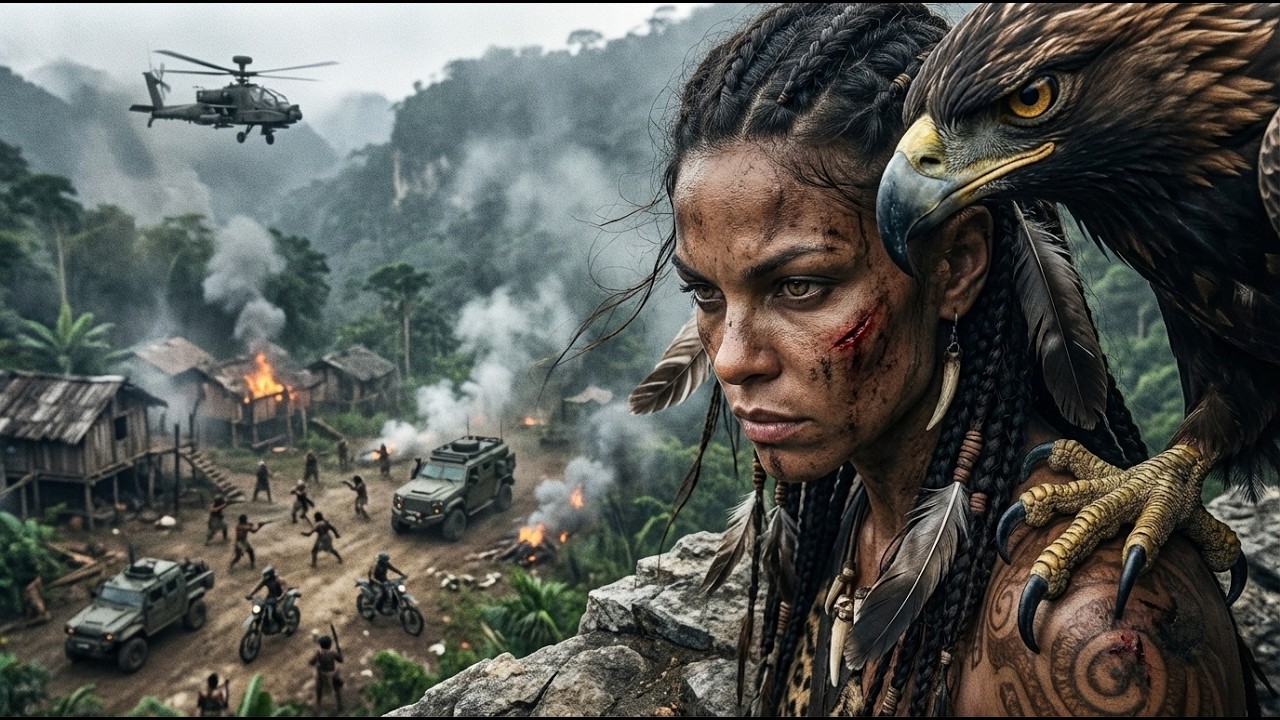 Tribal warrior protects sacred relic from mercenaries in a jungle valley